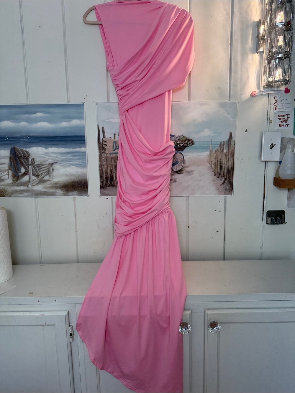 Elegant Pink Ruched One-Shoulder Maxi Dress